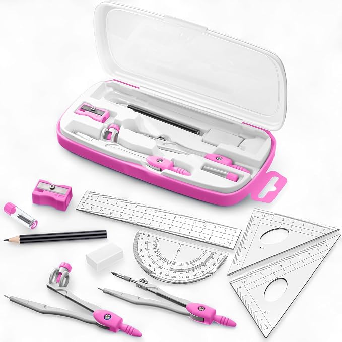 Zonon Math Geometry Set for Students 10 Pcs Compass Geometry Tools Kit Includes Protractor Compass Lead Refills Rulers Pencil Sharpener Eraser Pencil Storage Box for Drafting and Drawings(Pink)