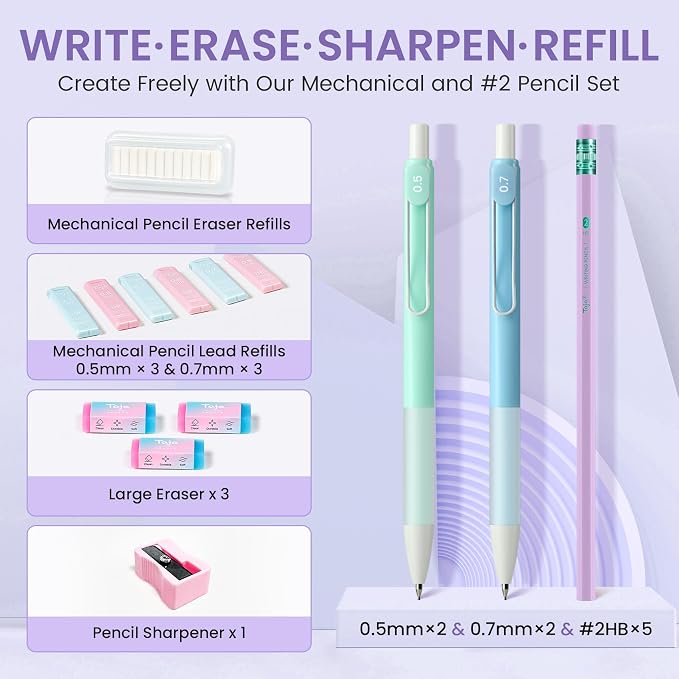 Cute Pencil Case With Supplies, 39 PCS Aesthetic Stationery Set with Pencil Pouch, 6 Black Ink Gel Pens, 12 Highlighters, 5 #2 HB Pencils, 4 Mechanical Pencils, Back to School Supplies - Light Purple