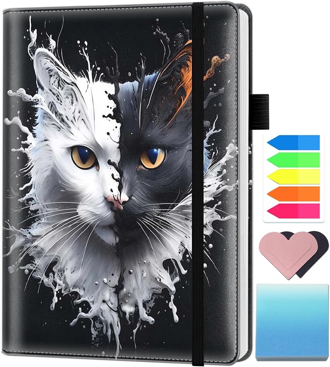 A5 Leather Lined Journal Notebook, 200 Pages Hardcover Executive Notebook for Men Women Office School Note Taking, Thick Writing Paper Daily Journal with Bookmarks/Indexes, Black and White Cat