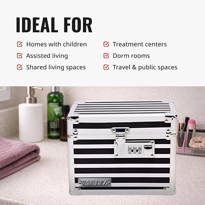 Vaultz Locking Medicine Box with Combination Lock - Secure Metal Lock Box Safe for Medication, Pills & Valuables, Small Lockbox with Code, Portable Storage Case, Striped | Metal lock box, storage case for medication and small valuables, 3-digit combina...