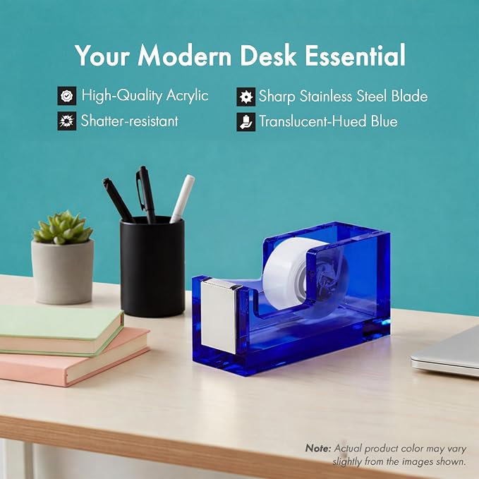 OfficeGoods Acrylic Tape Dispenser – Modern Desk Organizer for Office Supplies, Heavy Duty Refillable Tape Holder for Home and School Crafting, Stylish Desktop Accessory for Gift Wrapping, Blue
