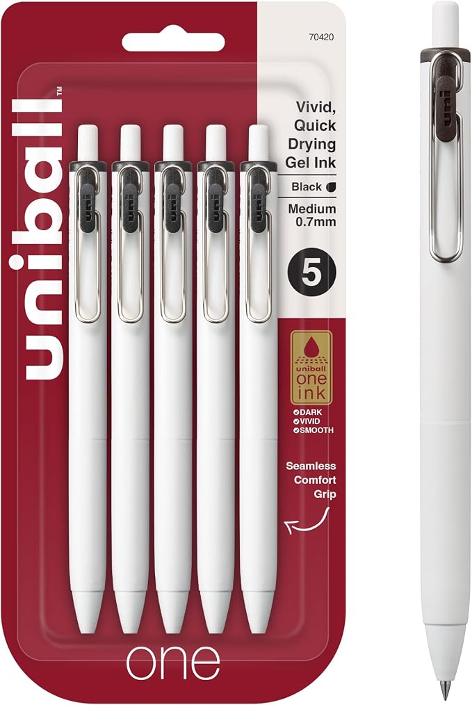 uniball™ one Retractable Gel Pens, Medium Point (0.7mm), Black Ink, 5 Pack | Ink stays on top of paper fibers for crisp vivid lines, wire pocket clip, color indicator top, smooth barrel & rubber grip