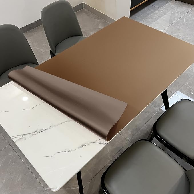 Faux Leather Table Cover,1.8mm Thick,35.4x70.9 Inch Table Protector,Table Protector for Dining Room Table,Table Protectors for Rectangle Tables(Mud Color+Champagne Gold,35.4x70.9)