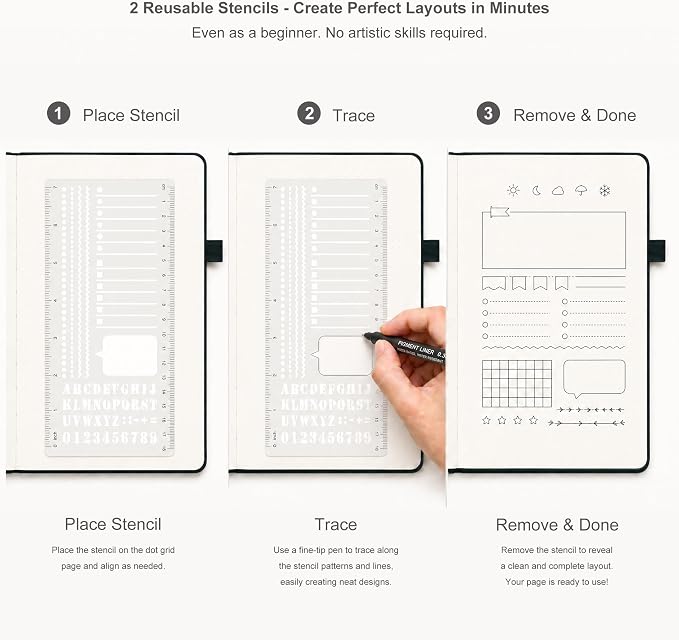 &And Per Se Dotted Notebook, A5 Hardcover with Journal Dotted Pages, Journal Stencils & Pen, 176 Numbered Pages for Beginners Women Men (Light Green)
