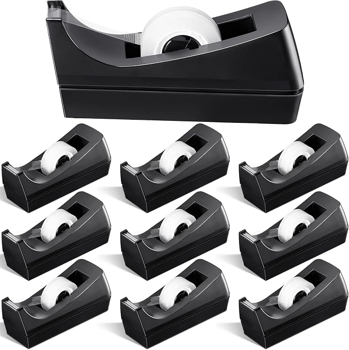 10 Pack Desktop Tape Dispensers Non Skid Base for Office Home School (Tape Not Included) (Black)