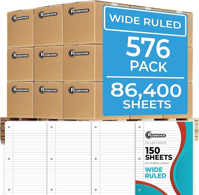 Rosmonde 576 Pack Loose Leaf Paper Bulk, 86400 Sheets, Wide Ruled Bulk | Pallet of Filler Paper, 150 Sheets/Pack, 8 x 10.5", Bulk Notebook Paper, 3 Hole Punched, School & Office, 4-7 Days Transit