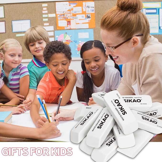 White Erasers, 6 Pack Pencil Erasers | Latex-Free & Smudge-Free Beveled Rubber Erasers for School Supplies, Classroom, Tests & Homework