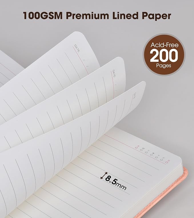 Lined Journal Notebook with Pen, A5 Personalized Hardcover Leather Journal for Men Women, 200 Pages 100 GSM Thick Paper College Ruled Notebooks for Work Travel School Writing Diary 5.9" X 8.4" Pink