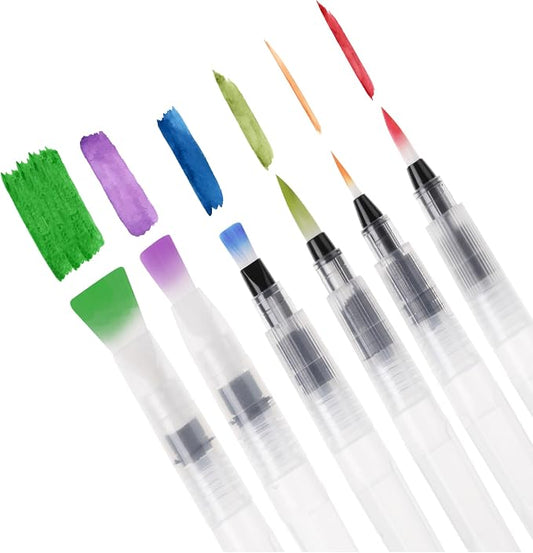 Mr. Pen- Watercolor Brush Pens, 6 pcs | 3 x Point Tips and 3 x Flat Tips Styles, Nylon Bristles, Refillable Watercolor Pens for Acrylic, Gouache, Crayons