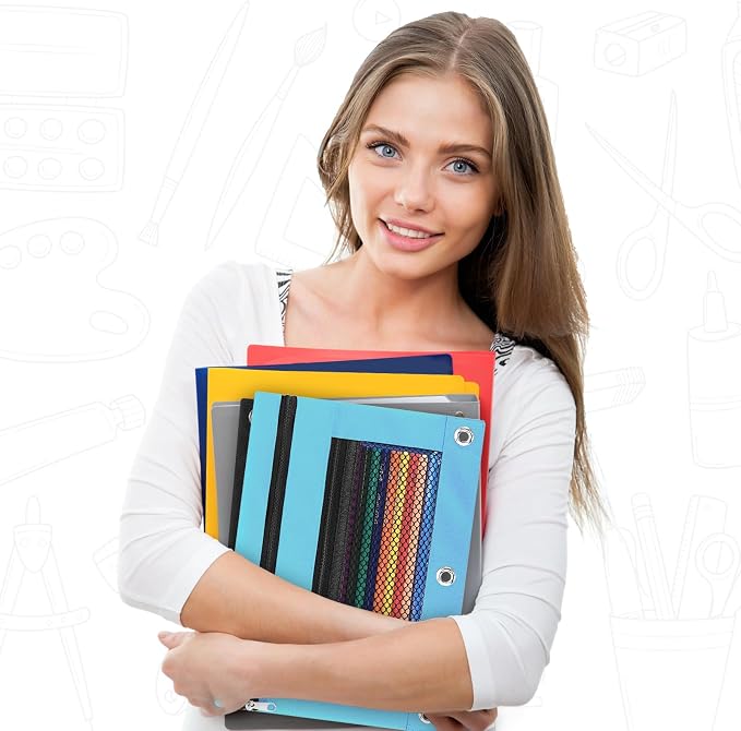 Pencil Pouch for 3 Ring Binder - 3 Hole Zipper Pen Case Bag Holder Bulk Accessories Clear Window Aesthetic Organizer Pockets