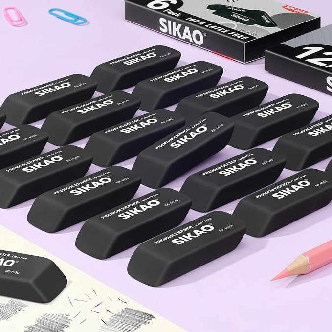 Black Erasers, 6 Pack Block Pencil Erasers | Latex-Free & Smudge-Free Beveled Rubber Erasers for School Supplies, Classroom, Office & Homework