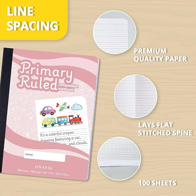 ONAVIA Pink Primary Composition Notebook 4 Pack, Picture Space, 200 Pages | 100 ct, 9.75 x 7.5 in, Primary Journal Grades K-2, Picture Space, Writing Practice, Kindergarten, Notebook for Kids