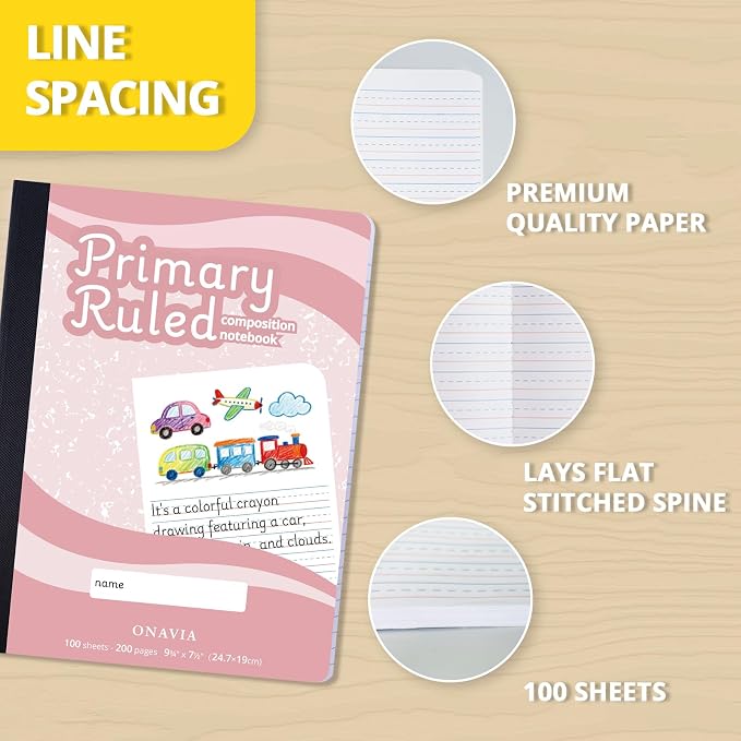 ONAVIA Primary Composition Notebook 4 Pack, Picture Space, 200 Pages Marble | 100 ct, 9.75 x 7.5 in, Primary Journal Grades K-2, Picture Space, Writing Practice, Kindergarten, Notebook for Kids