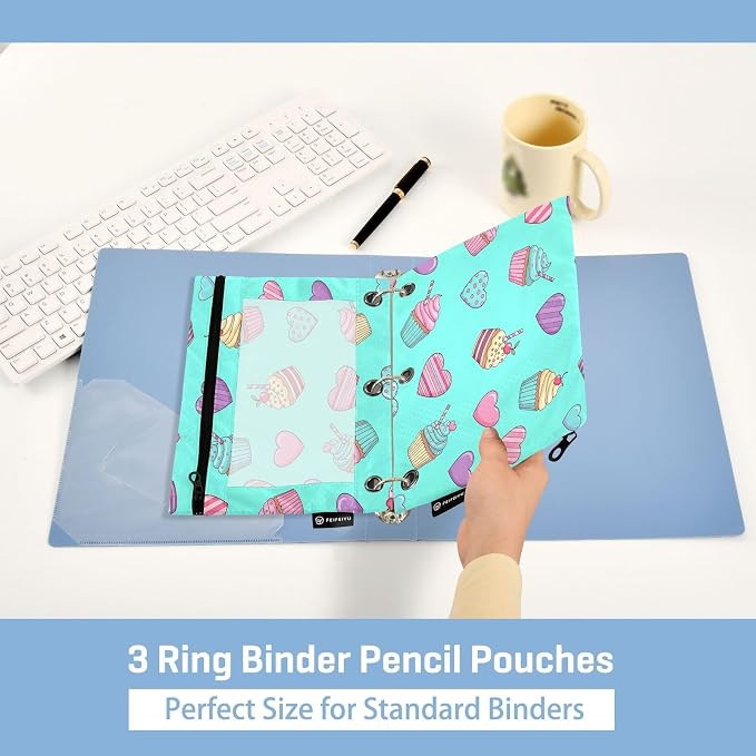 Gredecor 3 Ring Binder Pencil Pouch, Colorful Cupcakes with Swirl Zippered Pen Case Pouches with Clear Window, 2 Pack Stylish Office & School Supplie