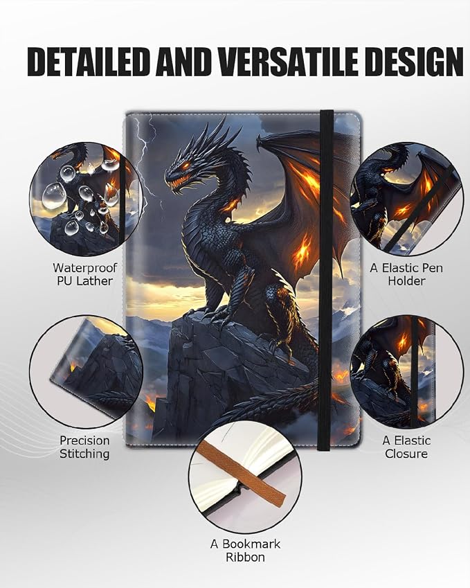 Hardcover Executive Notebooks, A5 PU Leather Lined Journal Notebook, 200 Pages Thick Paper Subject Notebooks for School,Work,Home Writing Business Notebook, Diary Book, Dragon and Flame