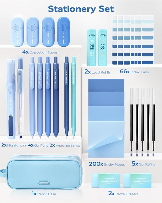 Four Candies Aesthetic School Supplies Kit with Cute Blue Pencil Case | Back to School Stationery Set with Pens, Highlighters, Mechanical Pencils, Sticky Notes for Students, College, Journaling