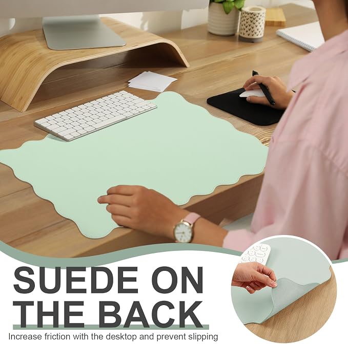 Tellegloww Scalloped Desk Mat Leather Desk Pad Protector Non-Slip PU Leather Table Protector Waterproof Mouse Pad Keyboard Mat Curly Mousepad PC Accessories Gift for Office Home (Sage Green)