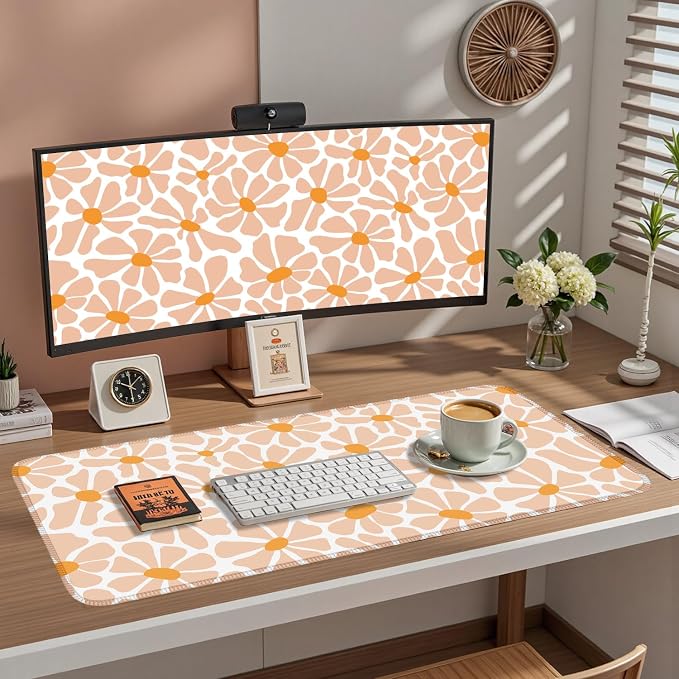Boho Groovy Floral Leaf Mouse Pad Xl-31.5x15.7in-Desk Mousepad-Extended Aesthetic Keyboard Mouse Pad-for Desk Kid Girl with Stitched Edges Non-Slip Cozy Office Decor