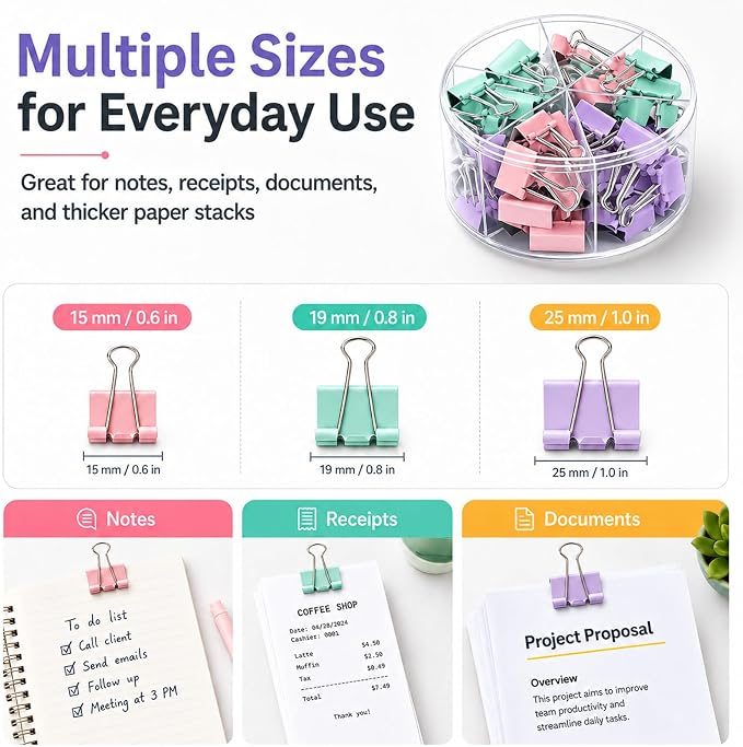 Binder Clips Assorted Sizes, Durable Metal Binder Clips for Office, Cute Desk Supplies for Teachers Student (120, Morandi)