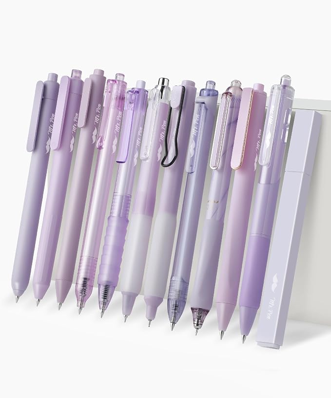 Mr. Pen- Purple Gel Pens Set, 12 Pack | Black Ink Cute Writing Pens with 1 Aesthetic Highlighter, 0.5 mm, Smooth Gel Pens for Journaling, Aesthetic Girly Stationery