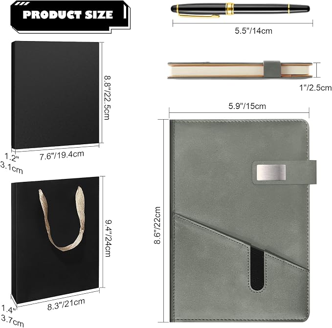 A5 Lined Leather Notebook and Pen Set with Gift Box, 240 Pages Refillable Journal with Pocket and Magnetic Buckle, Hardcover Daily Diary for Men and Women Business Travel Personal Writing- Gray