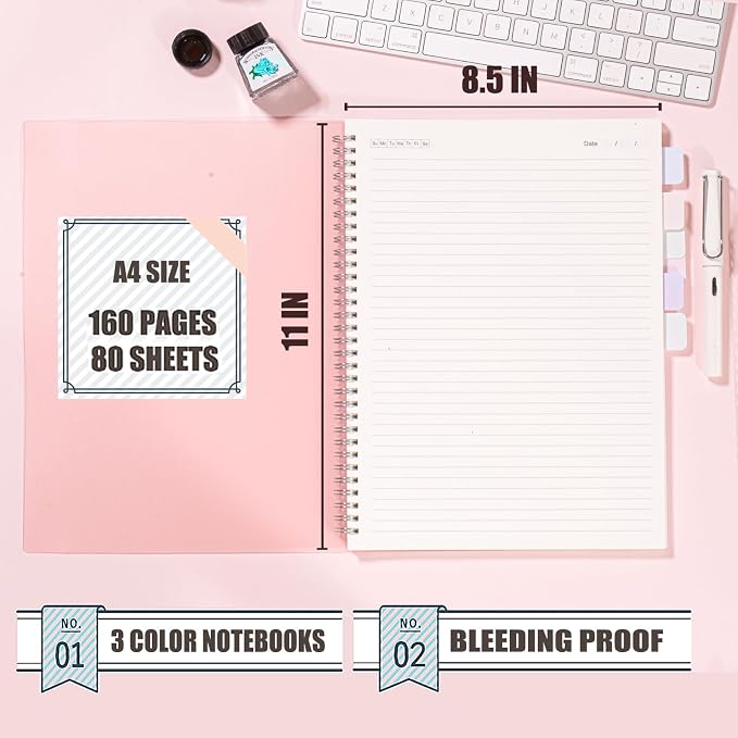 OWSC 3 Pack College Ruled Spiral Notebook, Notebooks for Work A4 Lined | 5.9 x 8.3 IN Notebooks College Ruled for Note Taking, School and Journal with 80 Sheets/160 Pages 110 GSM Thick Papers