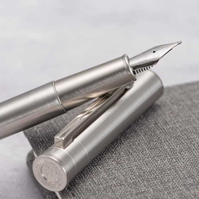 HONG DIAN 1861 Fountain Pen, Long Blade Nib, Silver Stainless Steel Design with Converter and Metal Pen Case Set