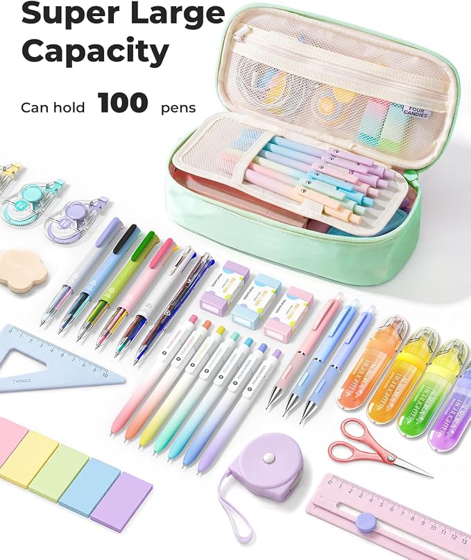 Four Candies Large Pencil Case, 5 Compartments Pen Organizer, Big Capacity Canvas Pencil Pouch Bag for School Supplies, Portable Stationery Holder for Teen Girls, Women (Peppermint Green)
