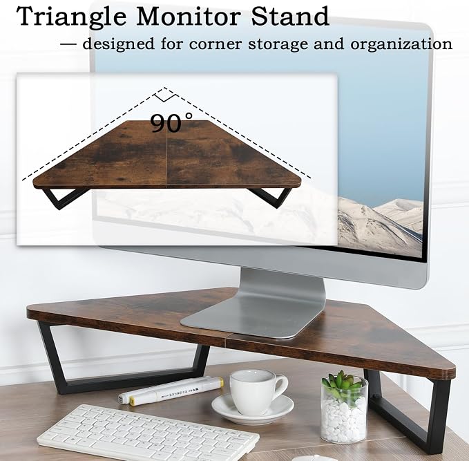 TEAMIX 26 inch Corner Monitor Stand Riser with Keyboard Storage, Espresso | Triangle Monitor Stand, Wood & Metal Computer Stand, Laptop Riser, Desktop Organizer, for L Shaped Desk, Home Office & Gaming