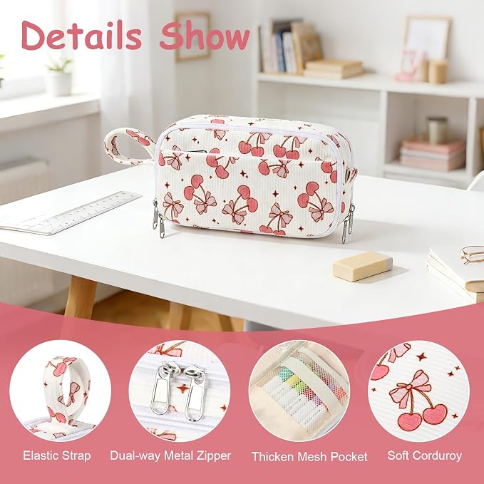 BuyCard Large Capacity Pencil Case, White With Pink Cherry Pattern, Corduroy Pencil Bag with Zipper Closure, Graduation Gift Office Stationery Storage Pen Pouch for Classroom Teacher