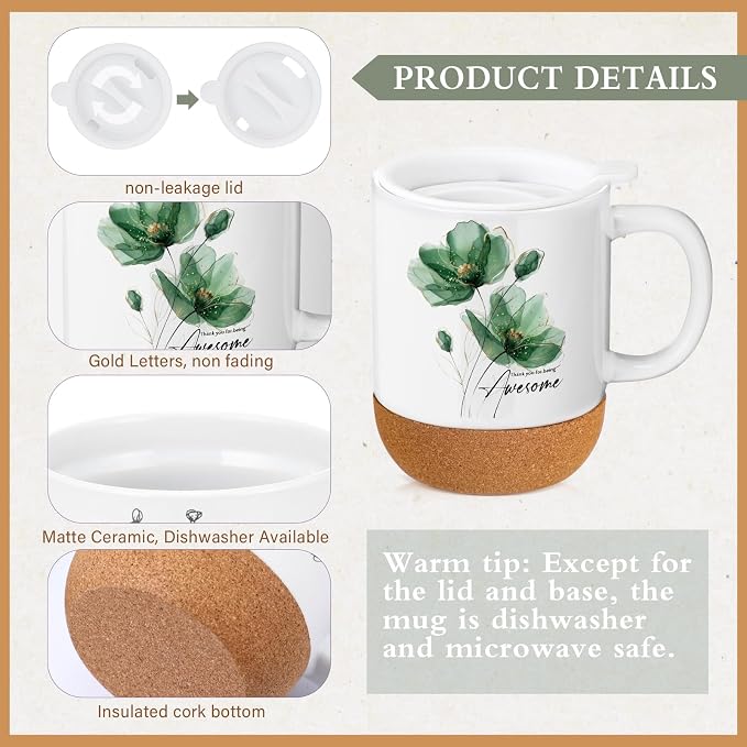 Sayglossy 4 Pcs Thank You Gifts Set for Women Back to School Teacher Appreciation Gift Leather Notebook Green Flower Coffee Mug Scented Candle Ballpoint Pen for Employee Coworker DSP Housekeeping Week
