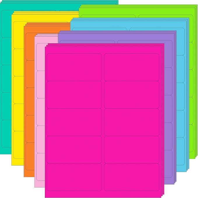 YSHIHE 2" x 4" Colored Labels Stickers 8 Colors Bright Moving Labels 24 Sheets,240 Labels for Laser/Inkjet Printer, Permanent Adhesive