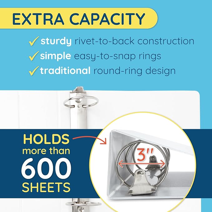 White 3 Ring Binder 3 Inch Heavy Duty Large Binder with Clear View Cover for Office and School, Big Rings Hold up to 625 Sheets of 8.5 x 11 Inch Paper, 4 Pack