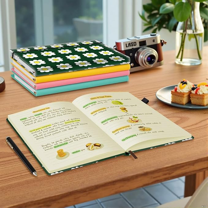 Hardcover Executive Notebooks, A5 PU Leather Lined Journal Notebook, 200 Pages Thick Paper Subject Notebooks for School,Work,Home Writing Business Notebook, Diary Book ，White Flowers