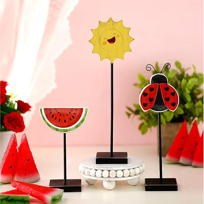 3 Pcs Summer Table Decor Wooden Watermelon Ladybug Decorations Standing Watermelon Decor Summer Table Centerpiece Rustic Farmhouse Sign for Home Kitchen Office Beach Party