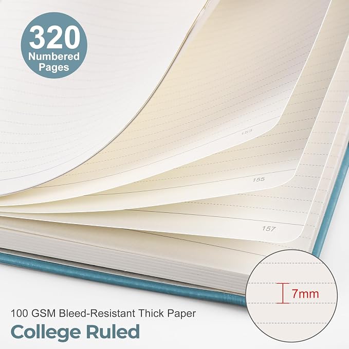 EMSHOI Lined Journal Notebook, 320 Numbered Pages, A5 Size (5.7'' x 8.3'') | Leather Hardcover, 100 GSM Thick Paper, for Women & Men, Journaling, Writing, Work & Office, Sun Debossed (Light Blue)