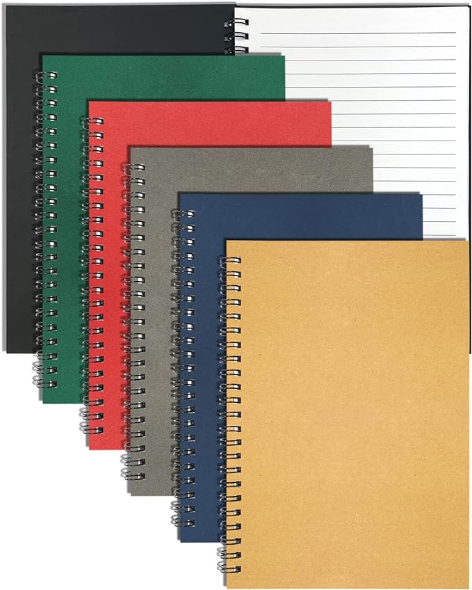 6Pack Spiral Notebook, 5.7x8.3” Small Notebooks for Work 120 Page Note Pads | A5 Multi Pack Spiral Bound College Ruled Notebook Journal for Writing Kraft Cover Lined Notepad for Office School Journaling