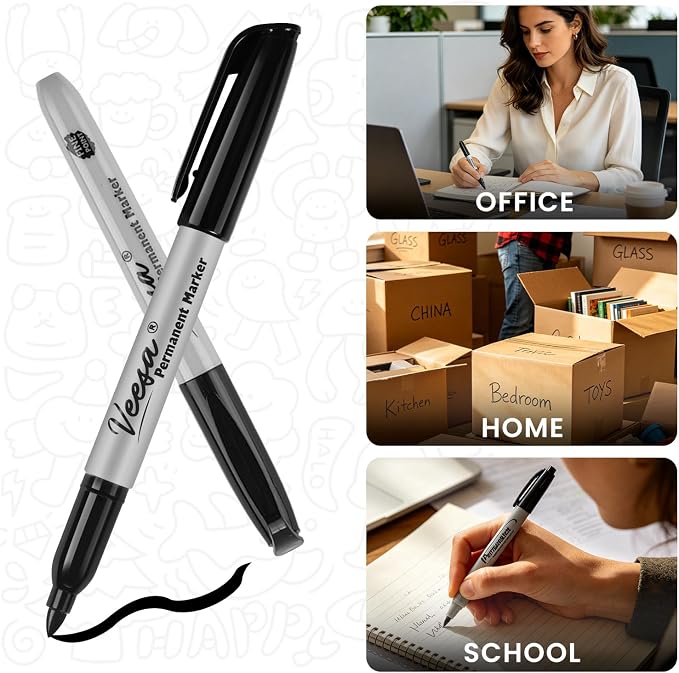 VEESA Black Permanent Markers Fine Tip, 75 Count, Quick Drying | Water- & Fade-Resistant, Marks on Wood Plastic Paper Metal