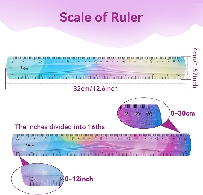 Grevosea 4 Pieces Flexible Rulers, 30cm/12inch Plastic Ruler Shatterproof Straight Edge Ruler Soft Bendable Rulers for School Classroom Office Kids & Adults