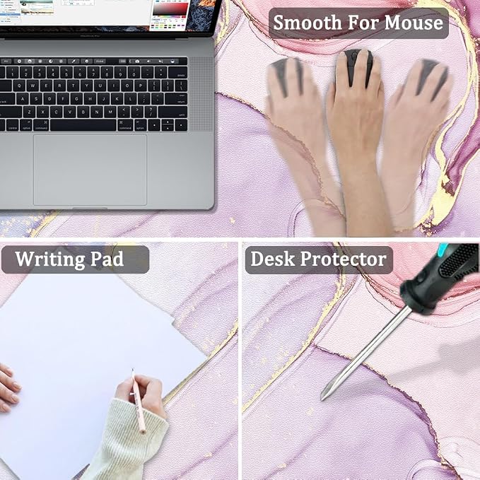 Large Mouse Pad, Desk Mat for Desktop, Dual Side PU Leather Waterproof Gaming Mousepad Desk Pad, Desk Protector Writing Pads Desk Accessories for Office and Home (A-Pink Marble, 31.5''X15.8'')