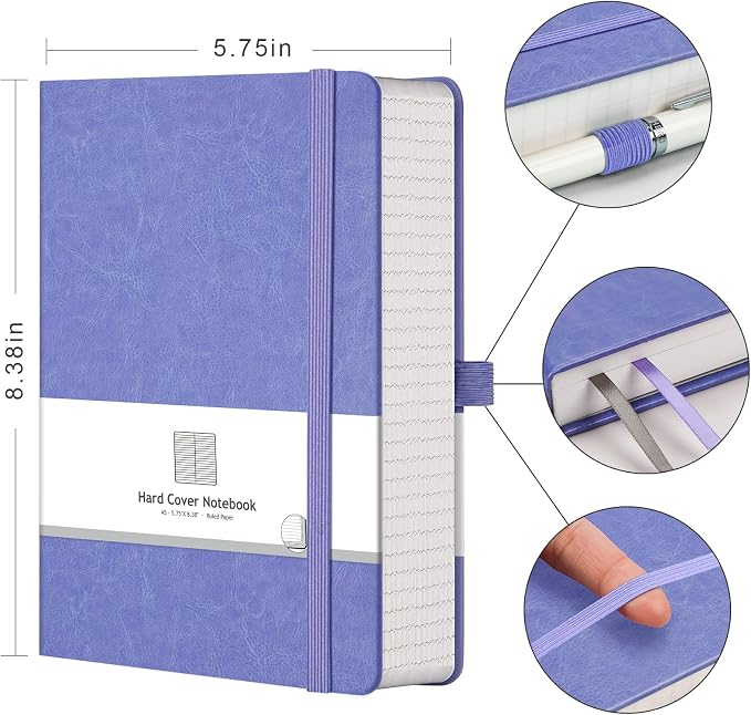 AHGXG Lined Journal Notebook, 320 Numbered Pages, A5 (5.75'' X 8.38'') | Thick Lined Notebook for Note Taking, 100GSM Paper, Leather Hardcover, for Women Men (Purple)