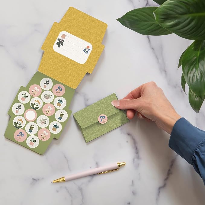 Studio Oh! Blank Mini Note Cards with Sticker Seals, 48 Tear-Off Foldable Memos, Tiny Envelope Notes, 6 Designs, 54 Stickers for All Occasion, Thanks, Party Invitations, Plant Lover