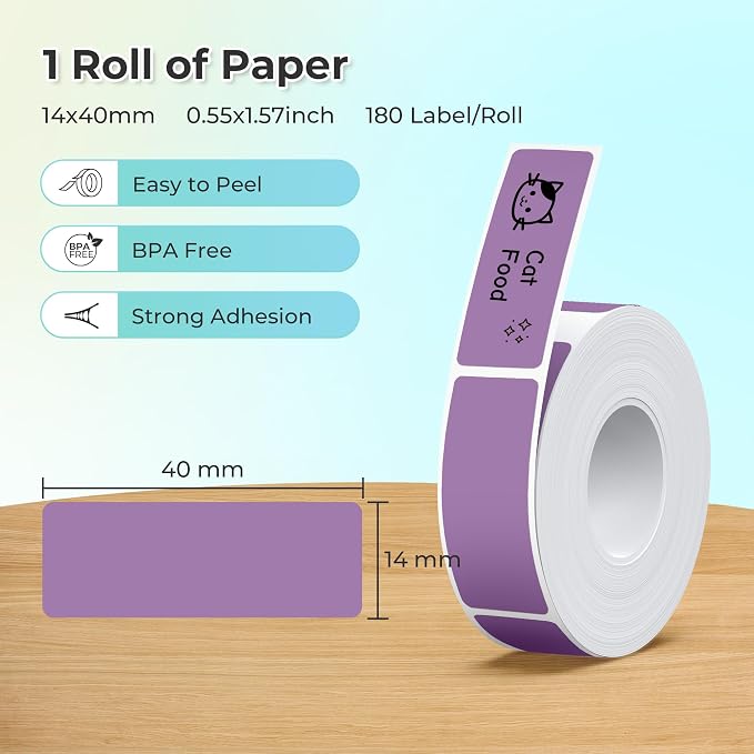 Nelko Genuine P21 Label Maker Tape, Adapted Label Print Paper, 14x40mm (0.55"x1.57"), Standard Laminated Labeling Replacement, Multipurpose of P21 Label Maker, 180 Tapes/Roll, 1 Roll, Dark Purple