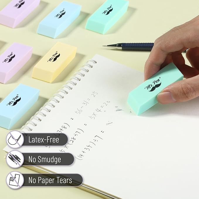 Mr. Pen- Pencil Eraser, 48 Pack, Pastel Colors | Large Latex Free Block Erasers Bulk for School, Office, Art Sketching, Homework, Exams, Clean Smudge-Free Correction