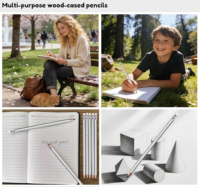 Adhere 25pcs Woodcase Pencils with Eraser Premium Pre-Sharpened Hexagon Graphite 2B pencils ideal for home, office writing including a Free Sharpener (Silver・25pcs)