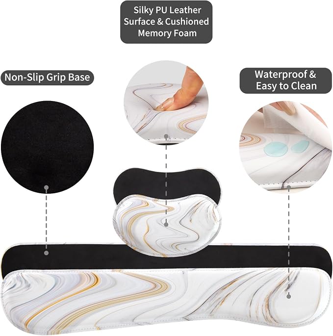 QIYI Leather Desk Mat Set, 4-in-1 Large Mouse Pad with Ergonomic Wrist Rest, Waterproof Desk Pad + Keyboard Wrist Rest + Mouse Wrist Support+Coaster, Non-Slip Office Gaming Accessories, Marble Stripes