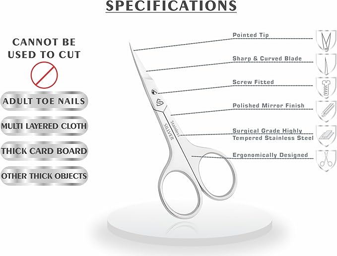 SILLVER Nail Scissors Curved Professional for Women and Men, Facial Hair Small Grooming Scissors for Nail, Eyebrows, Nose Hair, Mustache, Beard, Eyelashes, Dry Skin - Manicure Scissors