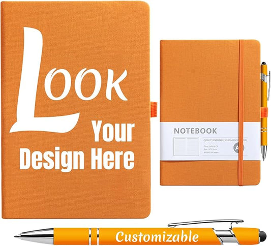 Custom Notebook and Personalized Ballpoint Pen Set, Customizable A5 Journal with Personalized Engraved Logo/Text/Image, 192 Pages, 8.3 x 5.8 Inches, Orange
