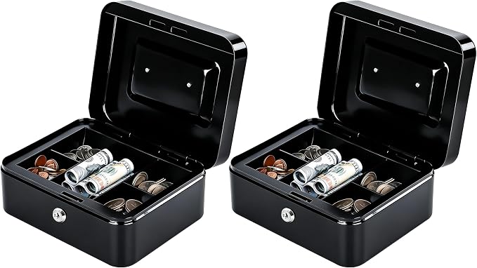 KYODOLED Metal Cash Box with Key Lock & Money Tray - Secure Safe for Home, Office & Events, Ideal for Cash, Meds & Small Items, 7.87" x 6.30" x 3.35", Black, 2 Pack
