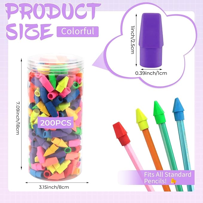 PRALB 200PCS Multicolor Pencil Top Erasers Caps, Chisel Shape Pencil Cap Erasers for Kids, Cute Pencil Toppers for Classroom Rewards, Party Favors, School Supplies, Home Office